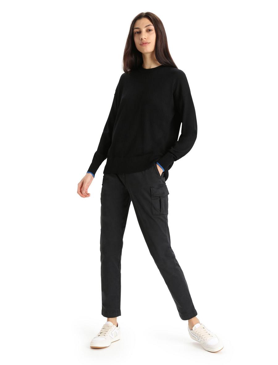 Women's Icebreaker Merino Shearer Crewe Sweaters Black / Lazurite | CA 1315QMAZ